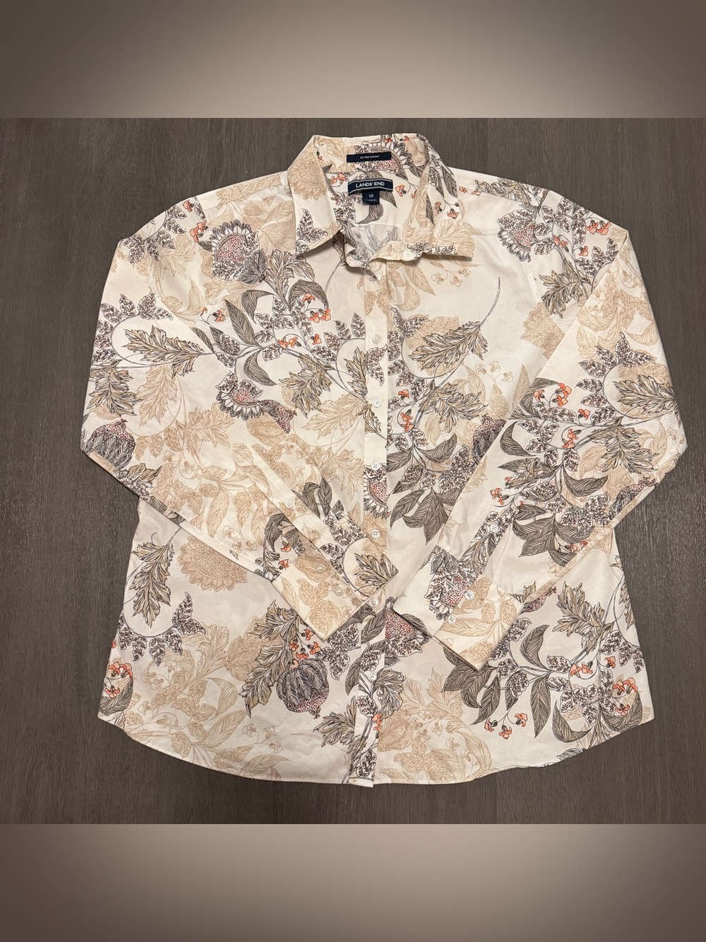 Lands’ End Supima Cotton Floral Long Sleeve Button Down Womens Shirt Size 12